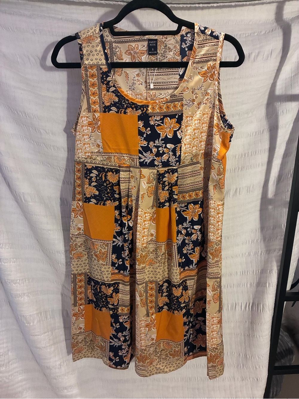 Sleeveless Patchwork Floral Dress in Mustard & Navy Emery Rose